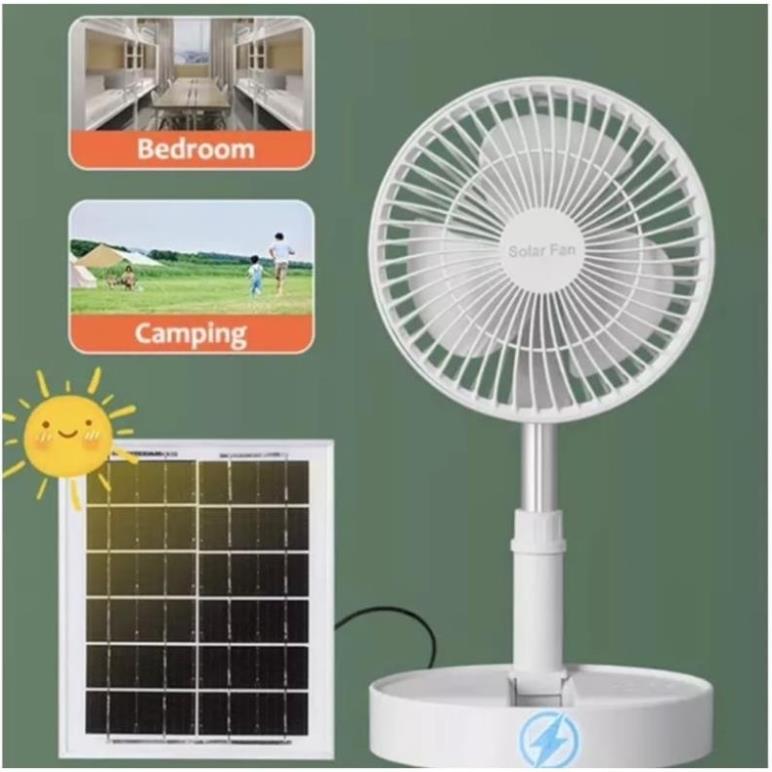 Quạt Đèn Năng Lượng Mặt Trời Gấp Gọn, Có thể dùng điện trực tiếp, tích điện, có cổng usb 23x18x11.5cm