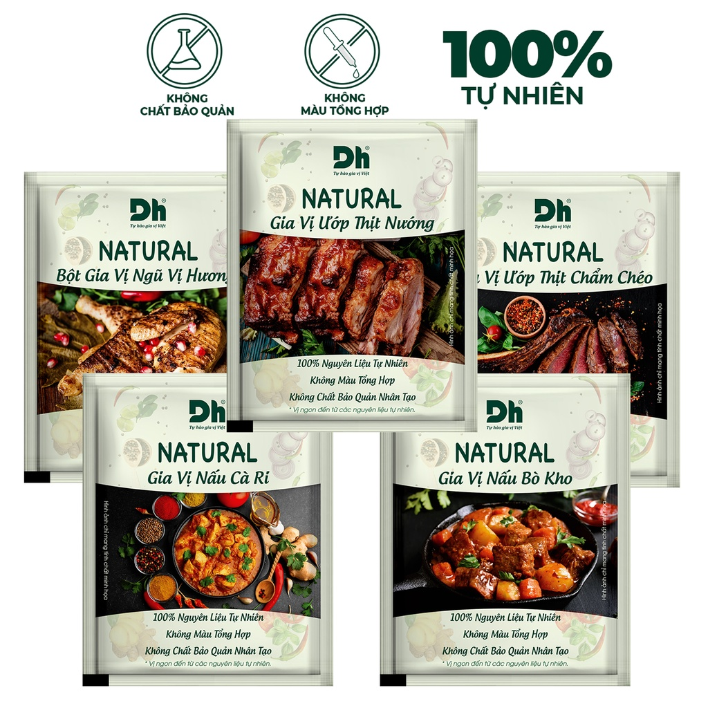 Natural gia vị nấu ướp dh foods – bột gia vị ngũ hương 10gr, gia vị nấu cà ri 10gr, gia vị ướp thịt nướng 10gr, gia vị ướp thịt chẩm chéo 10gr, gia vị ướp thịt mắc mật 10gr, gia vị nấu bò kho 10gr