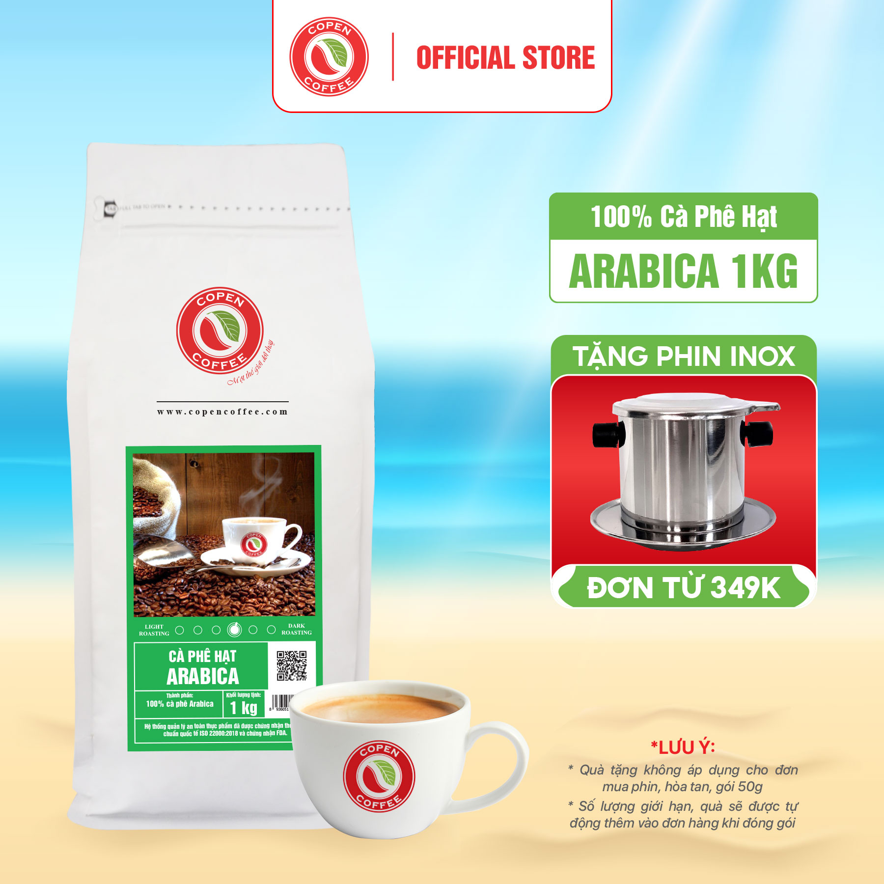 Cà phê hạt Arabica rang mộc nguyên chất - Copen Coffee 1KG/GÓI - dành cho pha phin gu đắng nhẹ, thơm dịu