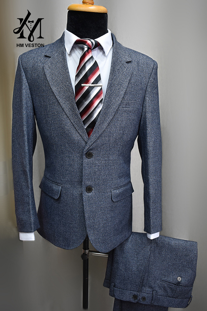 [HCM]Bộ vest nam trung niên 2 nút màu xanh xám chất liệu vải bố dày mịn