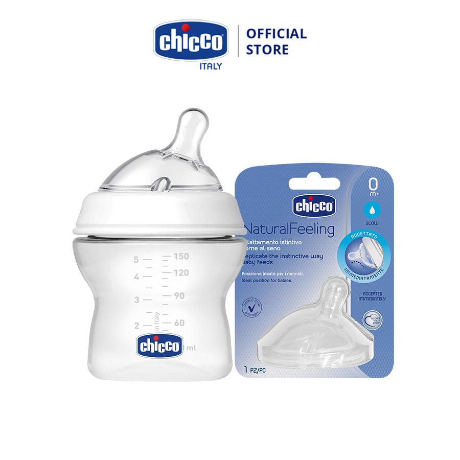 Combo Bình sữa núm nghiêng Pisa Chicco Natural Feeling 0M+150ml + Núm ty nghiêng Chicco Pisa Natural Feeling chảy chậm 0M+