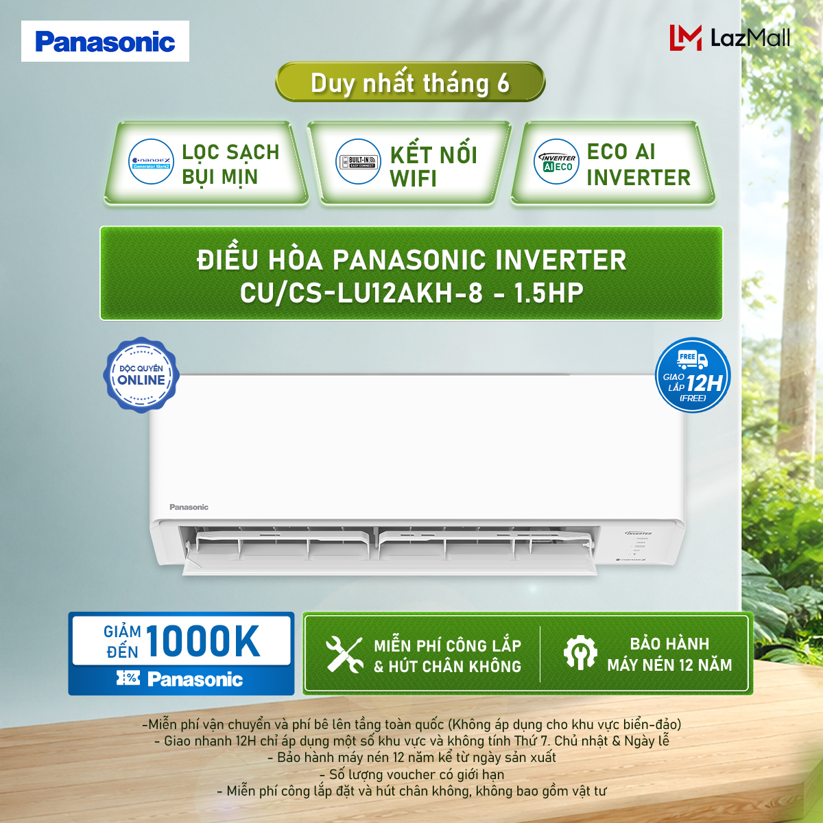 Máy lạnh/ Điều hòa Panasonic Inverter CU/CS-LU12AKH-8 - 1.5HP - Một chiều - Eco AI - Lọc sạch không khí NanoeX - Wifi