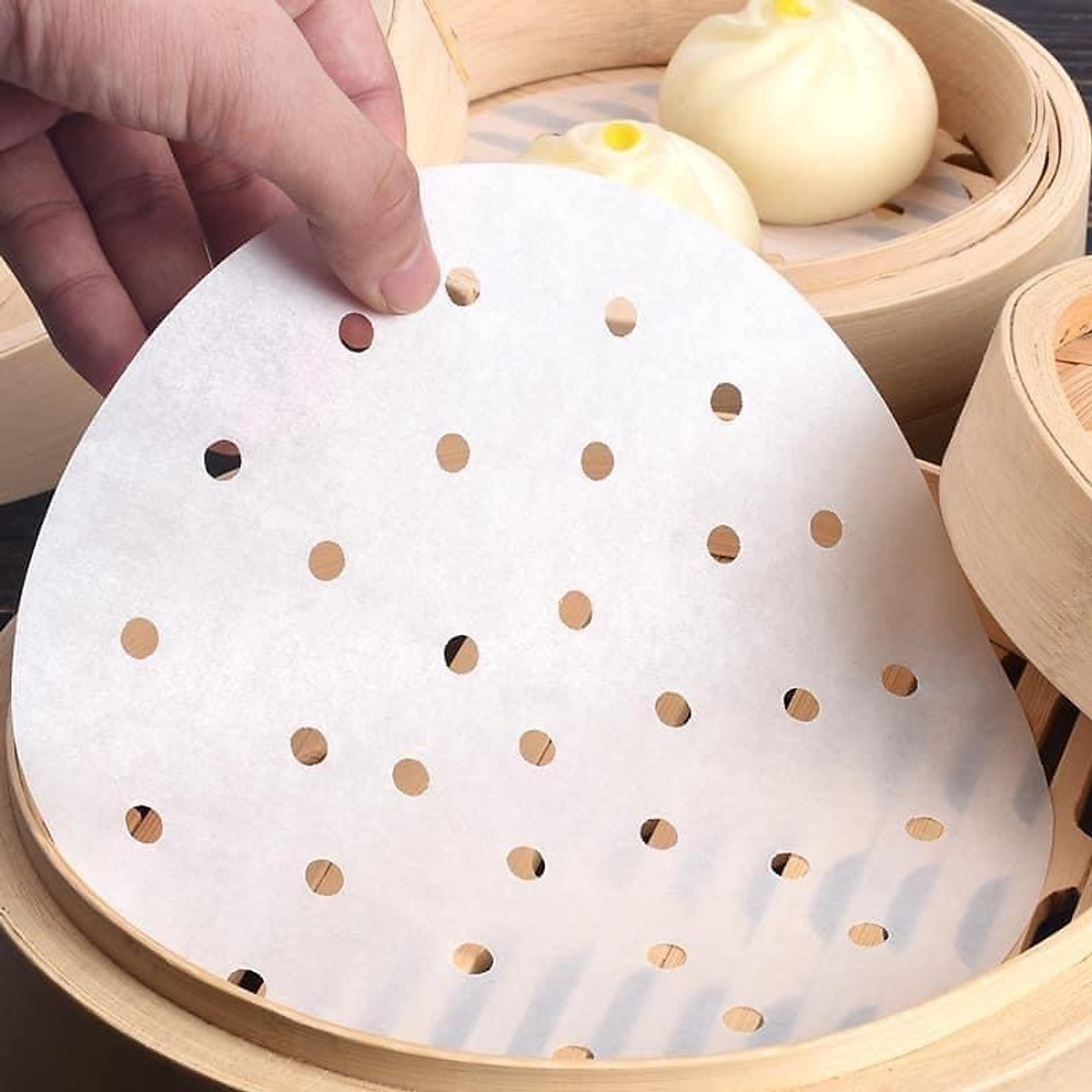Sét 100 giấy nến đục lỗ thấm dầu để hấp, nướng thức ăn cho nồi chiên không dầu