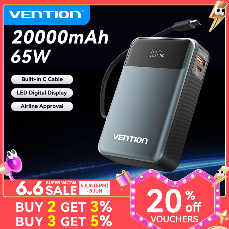 Vention 65W 20000mAh Sạc Dự Phòng Sạc Nhanh Power Bank with Màn Hình LED 3 Cổng Built in Cáp Type C 