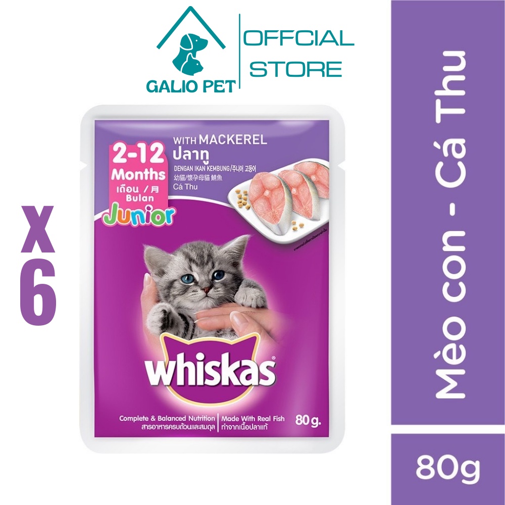 Combo 6 túi pate whiskas® cho mèo con vị cá thu túi 80g