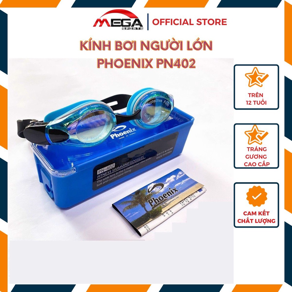 Kính bơi phoenix 402 tráng gương cao cấp dành cho người lớn, trẻ em trên 12 tuổi - tặng hộp đựng và 2 cầu kính thay thế