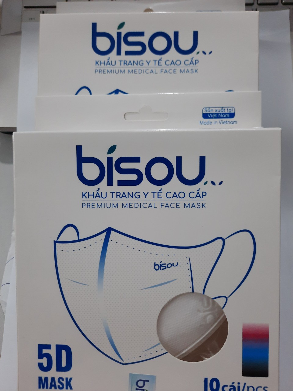 Khẩu trang y tế cao cấp 5D Mask Bisou, hộp 10 cái,( màu trắng &amp; màu xanh)