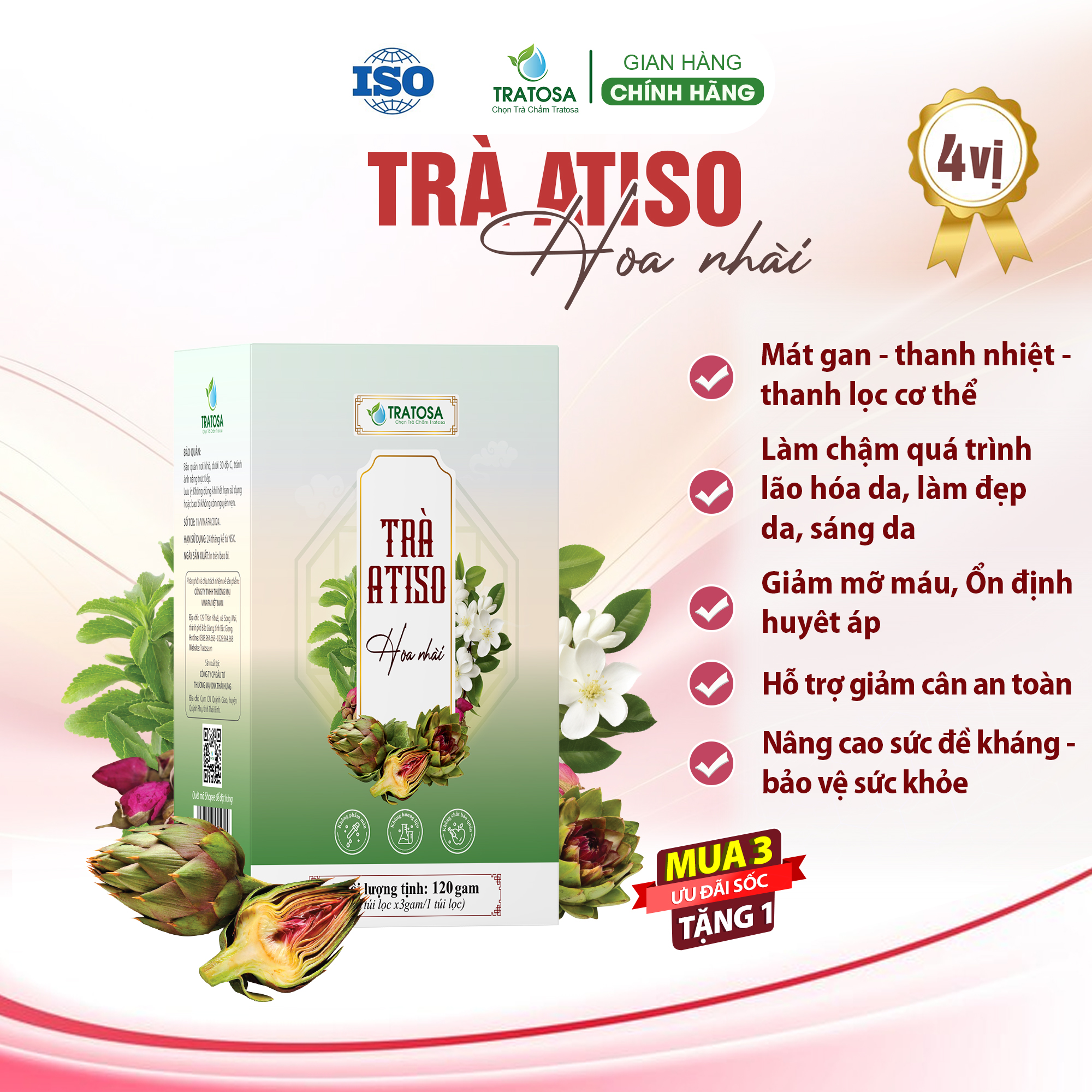 Combo 3 hộp trà Atiso Hoa nhài TRATOSA 4 vị giúp giải độc gan, thanh lọc cơ thể, tốt cho gan, tim mạch, làm đẹp da