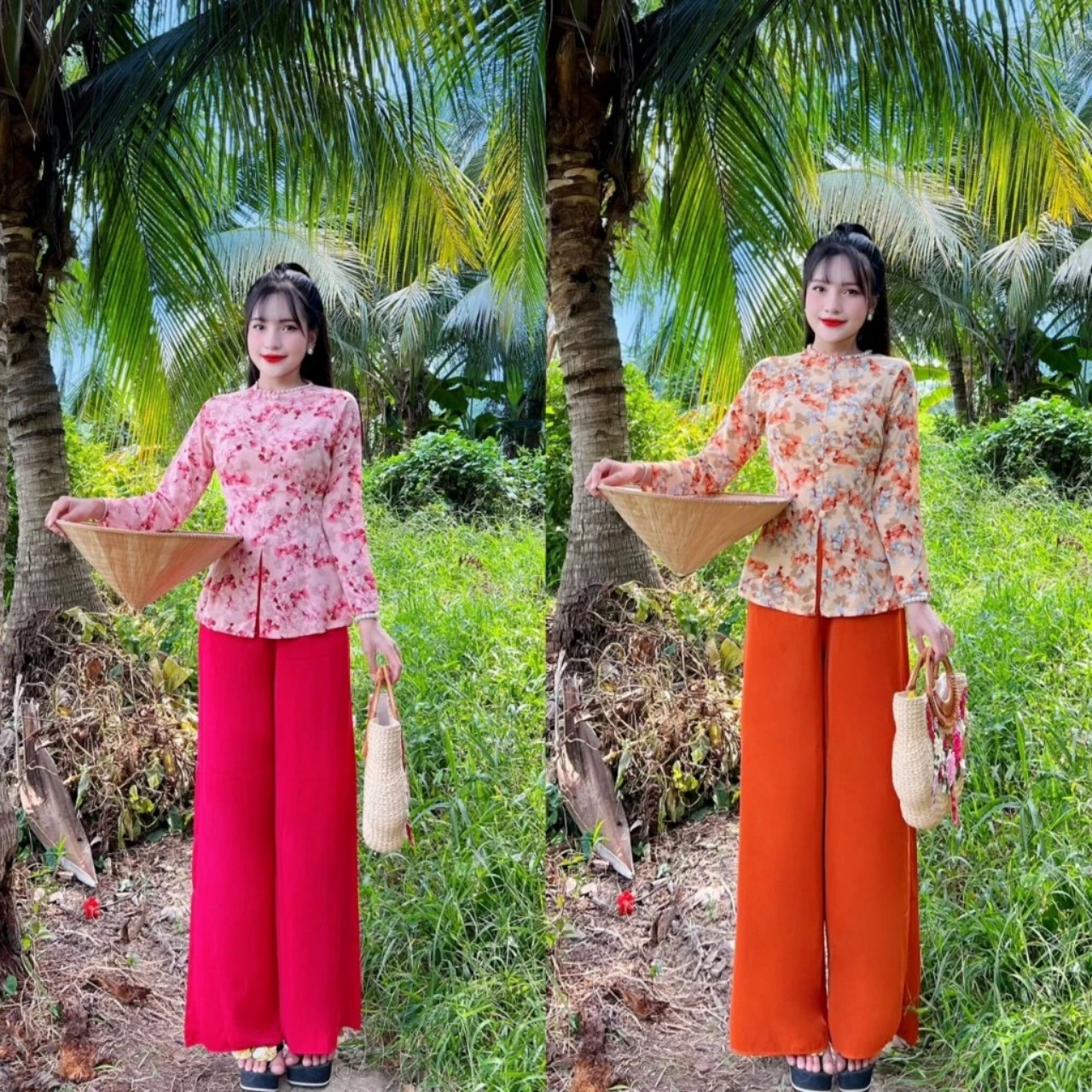 Sét bộ bà ba viền ngọc tay dài hoa cực xinh