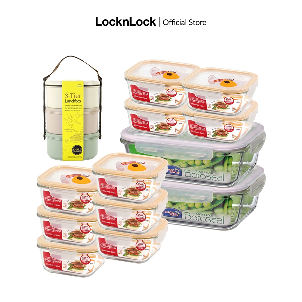 Bộ 12 hộp thủy tinh và 1 hộp cơm 3 tầng lock&lock llg214ts13
