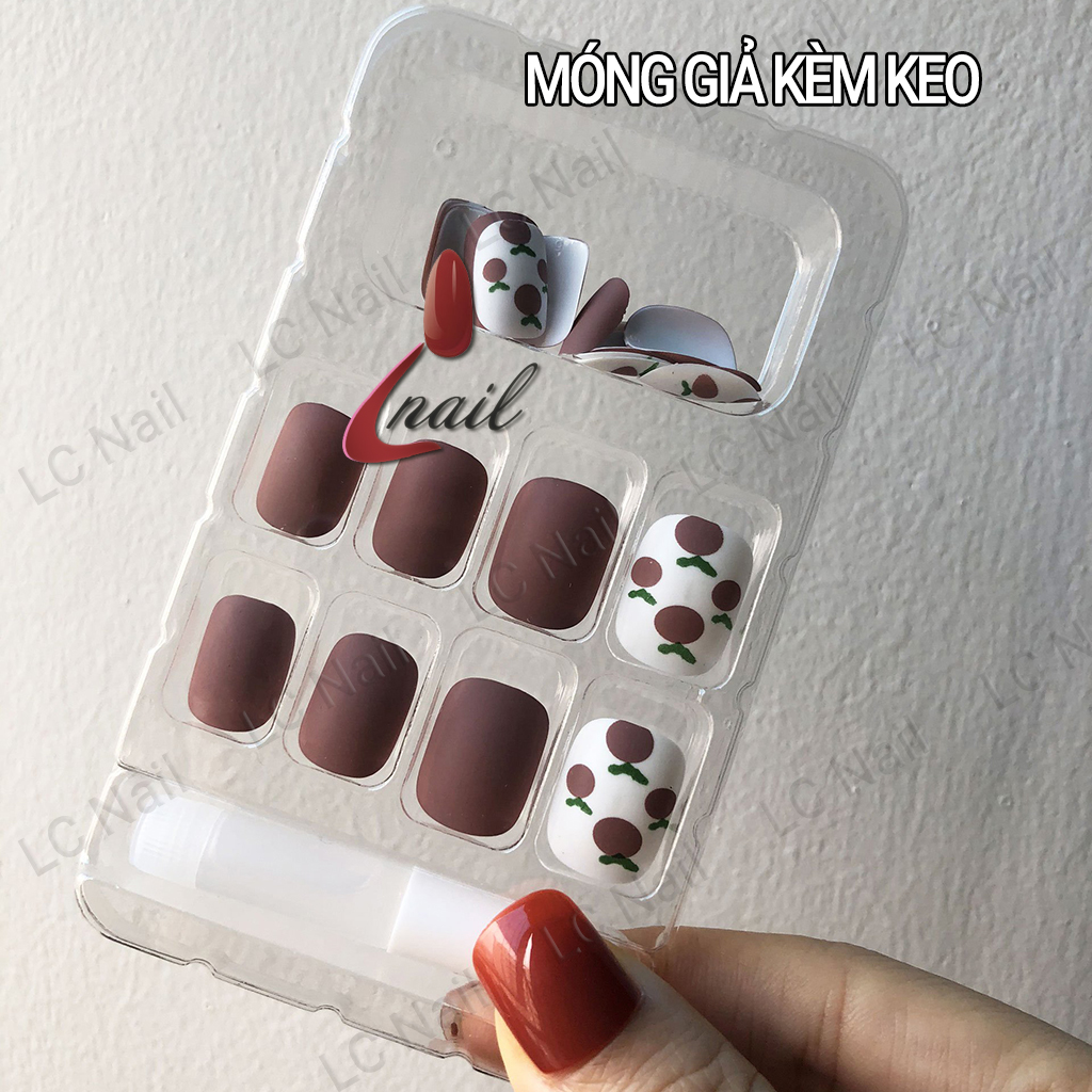 Móng Tay Giả + Keo dán LCR040 Quả Đào Hồng Nâu - Họa tiết dễ thương - Linh Cute Shop