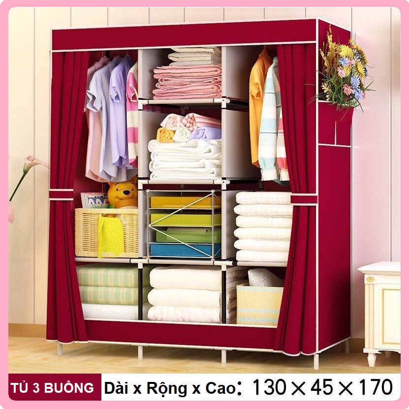 [HN] Tủ quần áo, Tủ vải quần áo cao cấp kiểu dáng 3D 3 buồng 8 ngăn, tủ quần áo vải khung thép inox (giao màu ngẫu nhiên)
