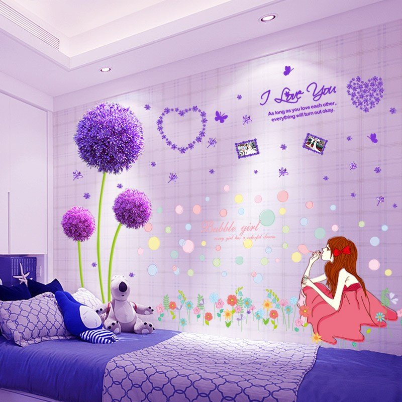 Decal dán tường tú cầu tím và cô gái thổi bong bóng