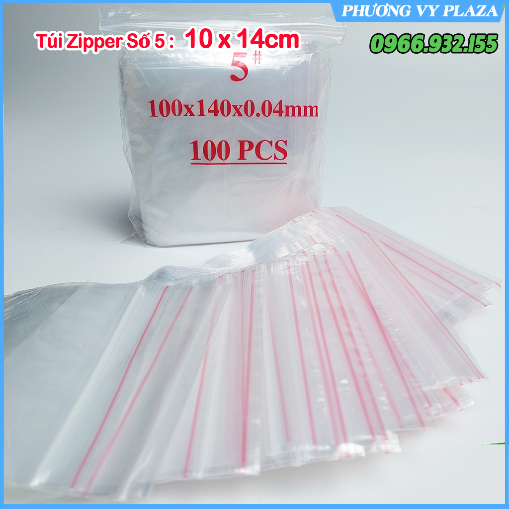 100 túi zip trong chỉ đỏ bấm miệng - size 10 x 14 cm