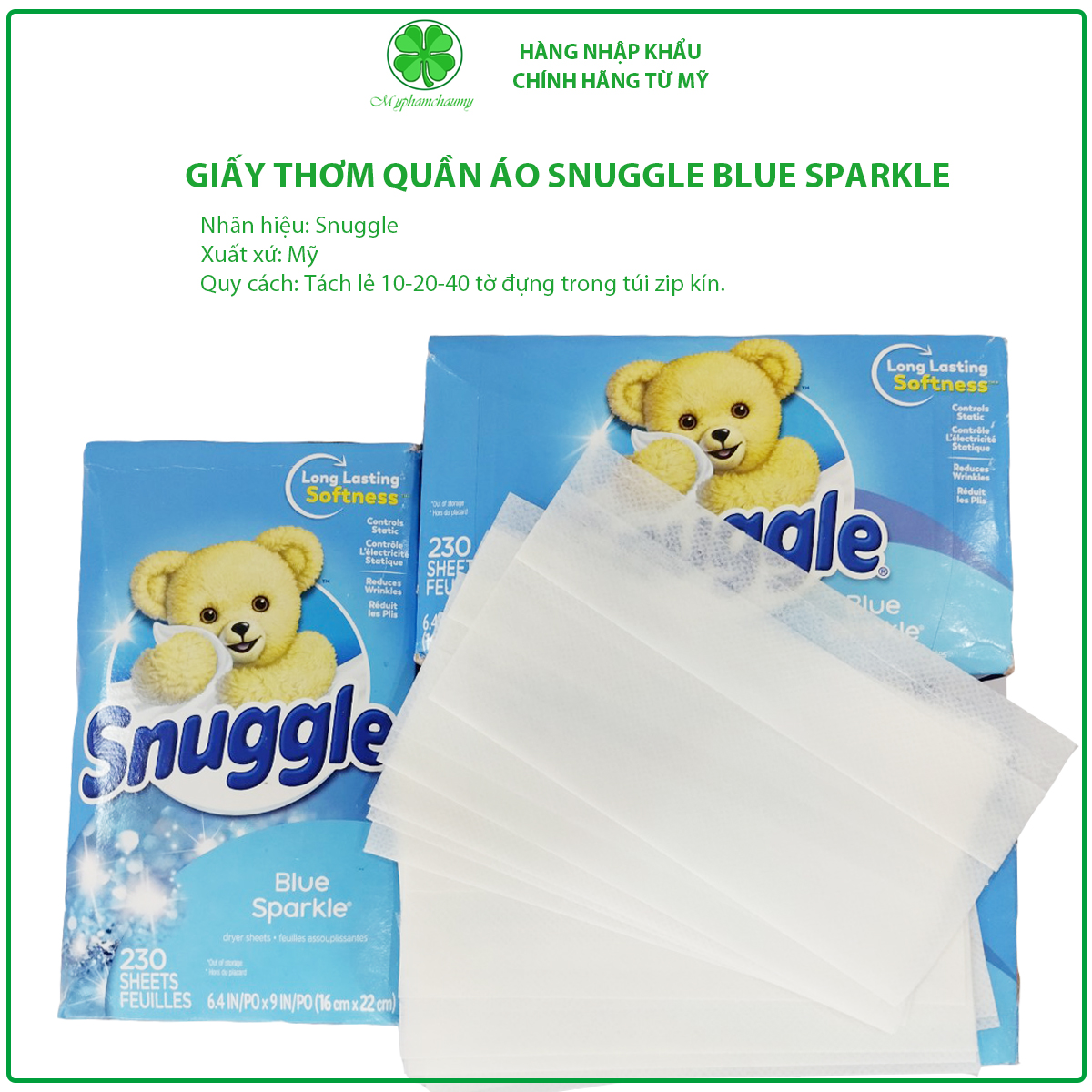 Giấy thơm quần áo snuggle blue sparkle lẻ 10 tờ, 20 tờ, 40 tờ