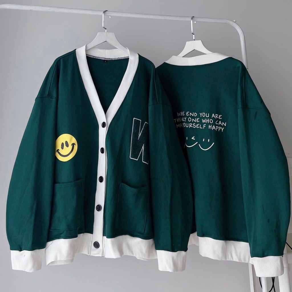 Áo khoác cardigan w mặt cười ulzzang 2 màu xanh be