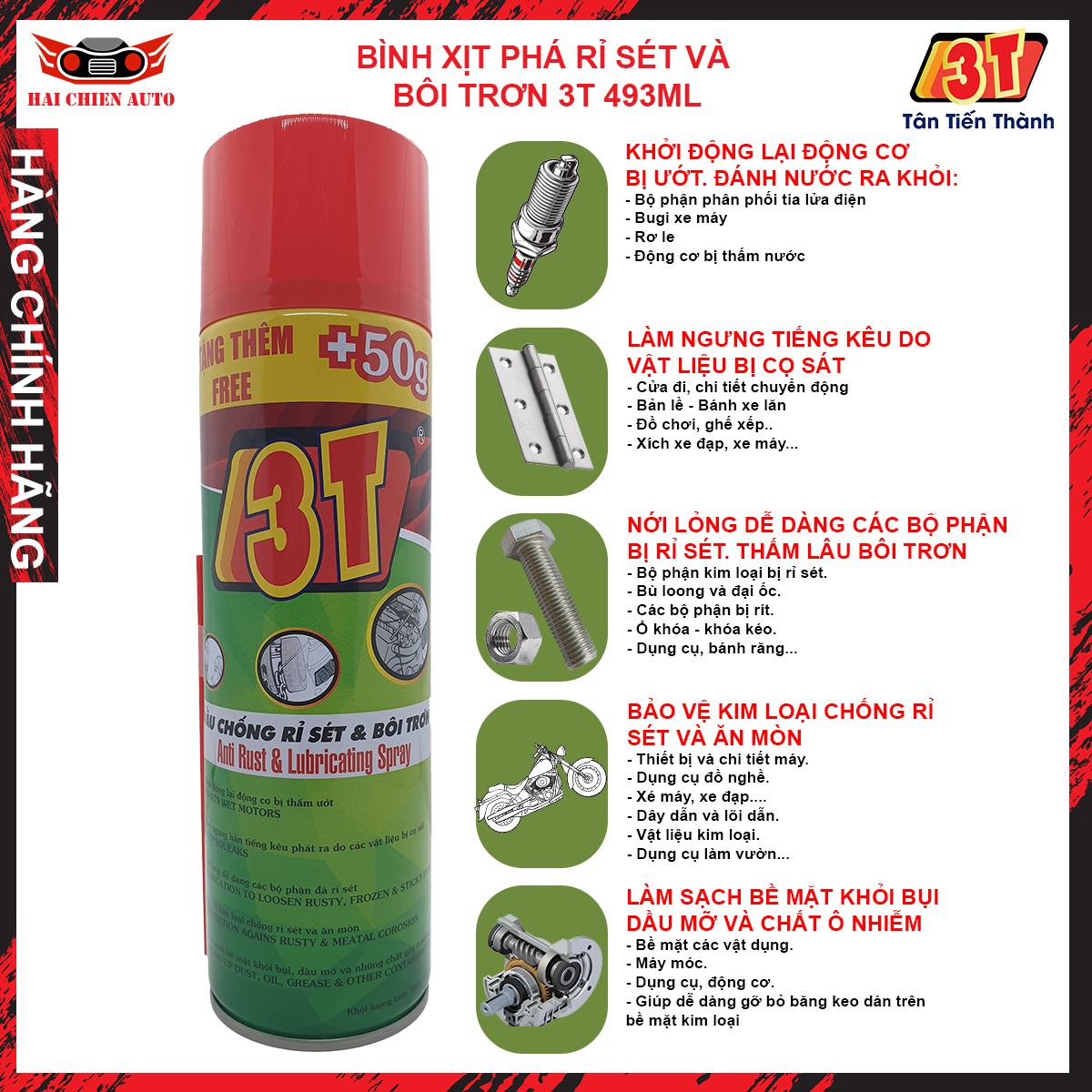 Bình xịt chống phá rỉ sét và bôi trơn 493ml thương hiệu 3T