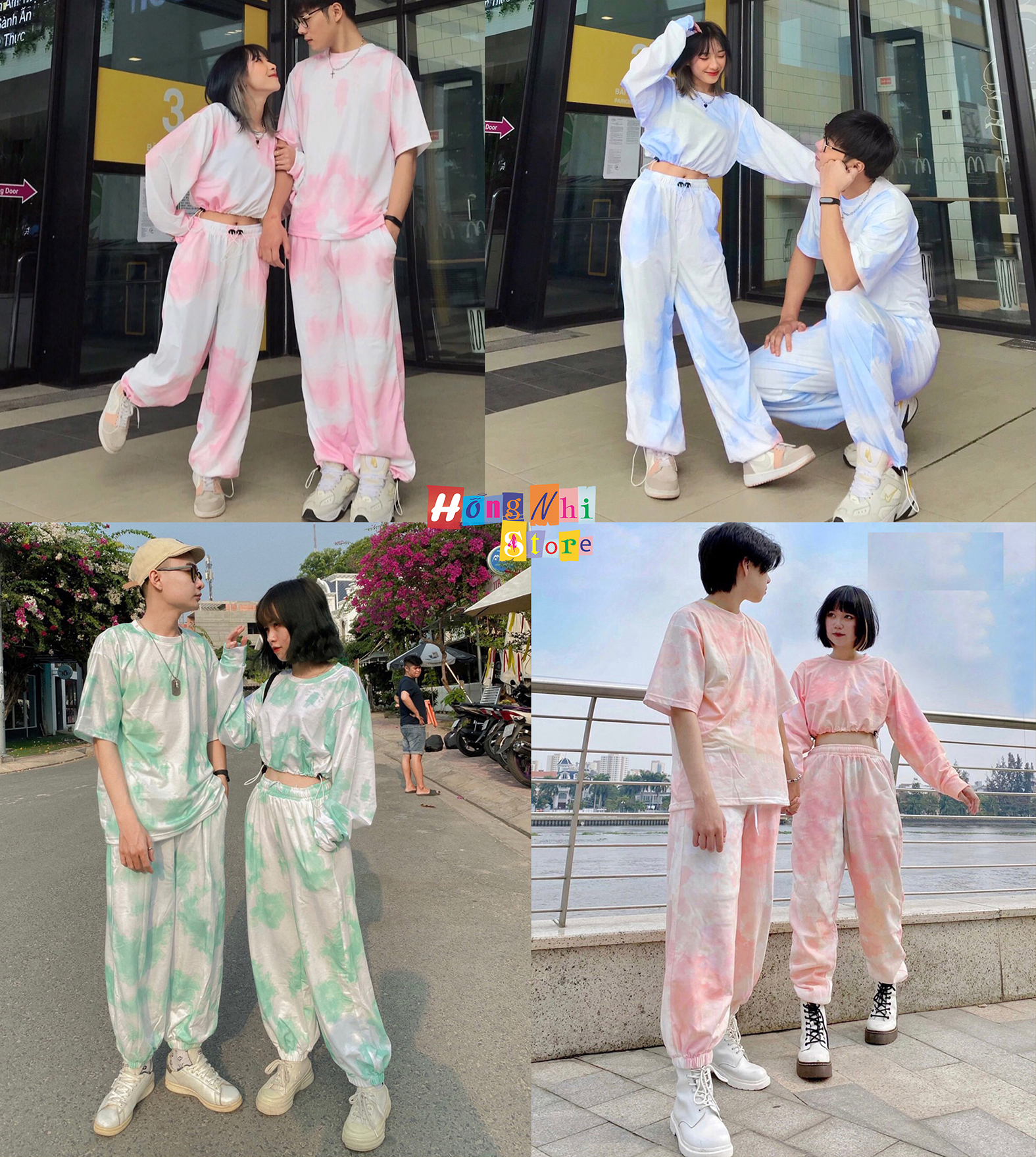 Set Bộ Đồ Đôi 4 Món Gồm Áo Croptop 3D Dây Rút, Áo Thun Tay Lỡ Loang Màu Kèm 2 Quần Jogger Dáng Rộng - MM