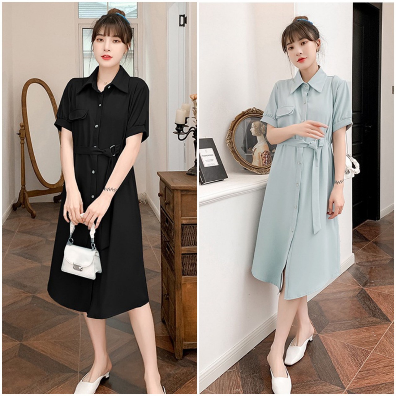 Đầm suông dáng dài cổ sơ mi dây eo, váy bầu công sở chất mềm mại mặc thoải mái