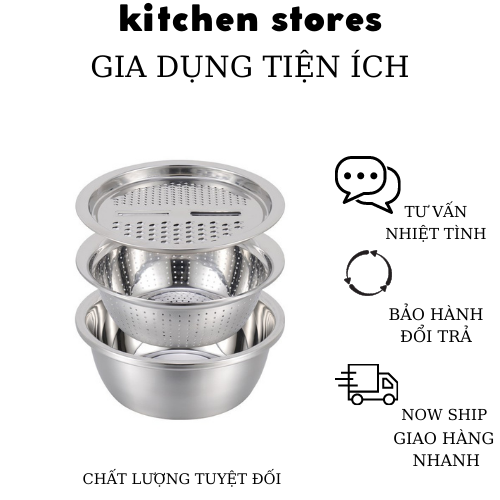 Bộ nạo rau củ quả đa năng inox 3 món Nhật Bản rổ nạo rau củ quả kiêm rổ và chậu inox đa năng tiện lợi