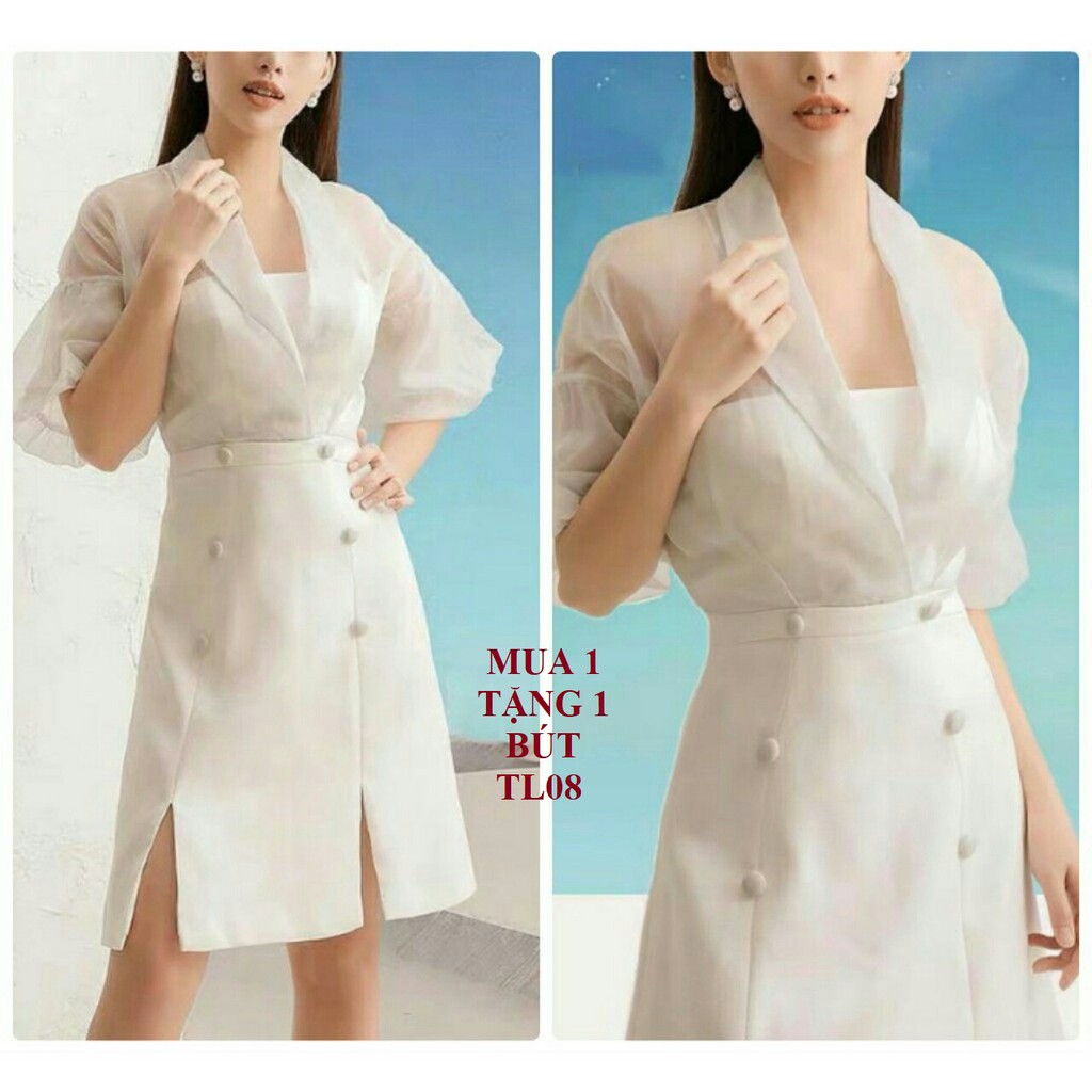 Đầm dự tiệc trắng phối voan kiếng