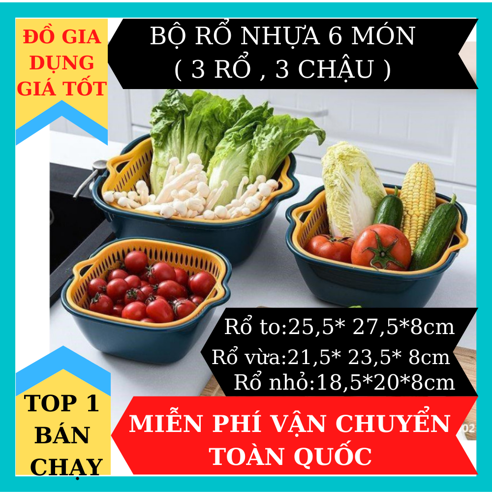 Set 6 món rổ kèm chậu bộ 3 rổ và chậu, thau nhựa rửa rau củ đựng hoa quả trái cây 2 lớp hình tròn chất liệu nhựa PP