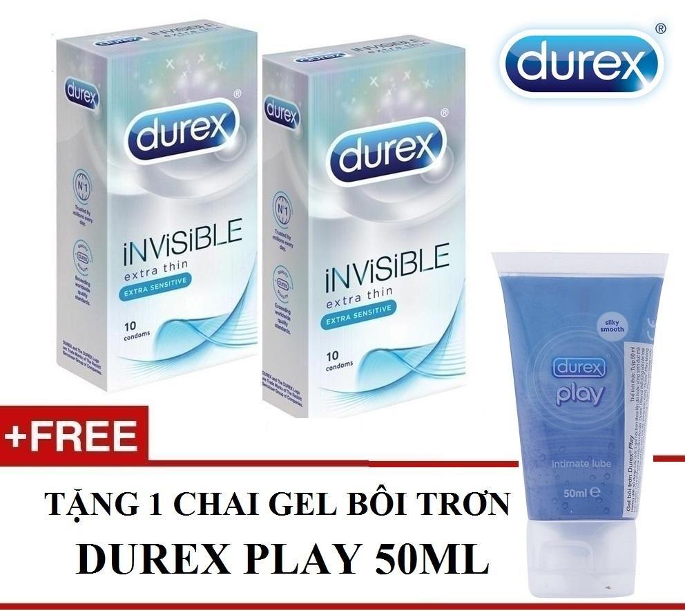 Combo 2 hộp bao cao su siêu mỏng Durex INVISIBLE hộp 10c tặng 1 chai gel bôi trơn 50ml