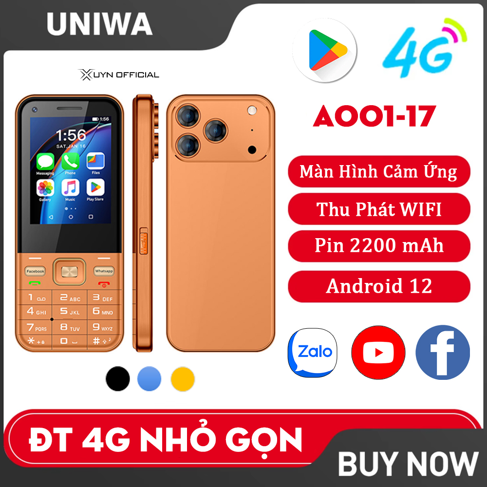 Điện thoại UNIWA A001-17 màu cam, màn hình cảm ứng, hỗ trợ WiFi, pin 2200 mAh, Android 12, 4G nhỏ gọn.