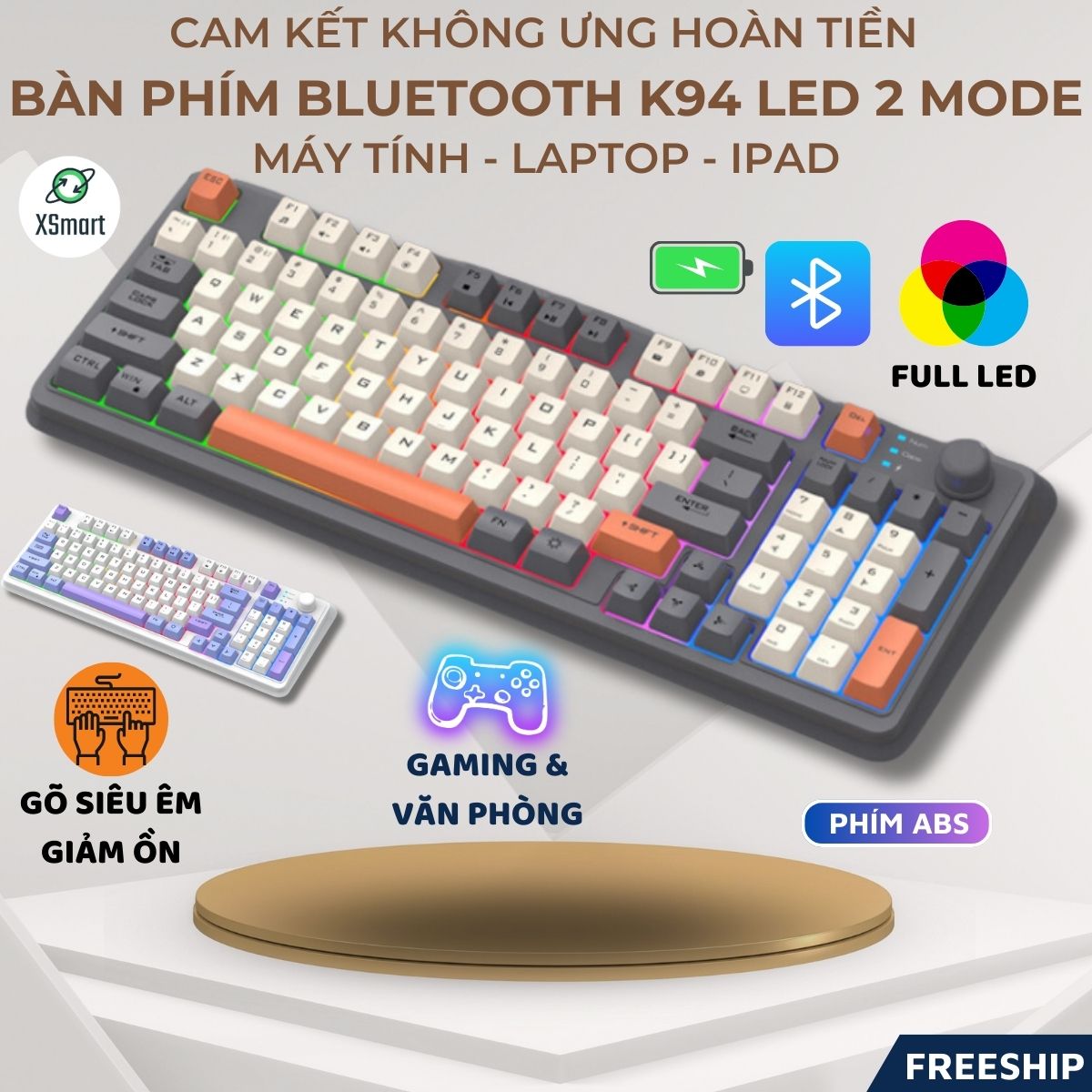 Bàn Phím Không Dây Bluetooh Full Size Giả Cơ K94 Full LED Kết Nối 2 Chế Độ Pin Sạc