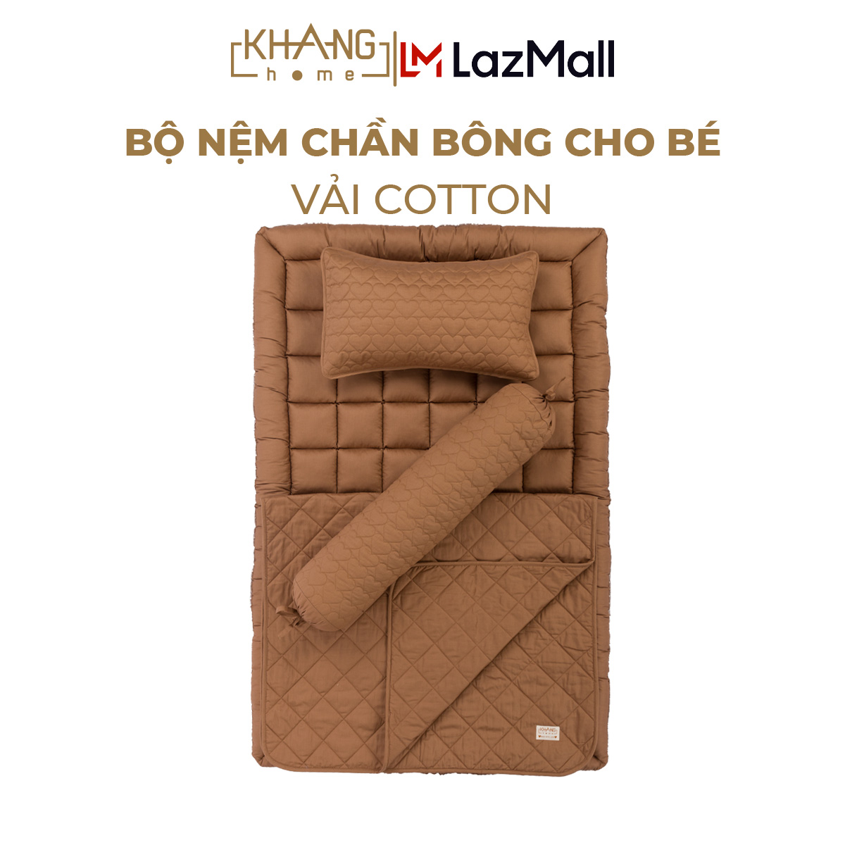 Bộ Nệm Trẻ Em Chần Bông Cho Bé Đi Học Khang Home Baby Safety BBS23 80x125cm - 100% Cotton Thiên Nhiên - Giúp Bé Ngủ Thẳng Lưng Không Cong Vẹo Cột Sống