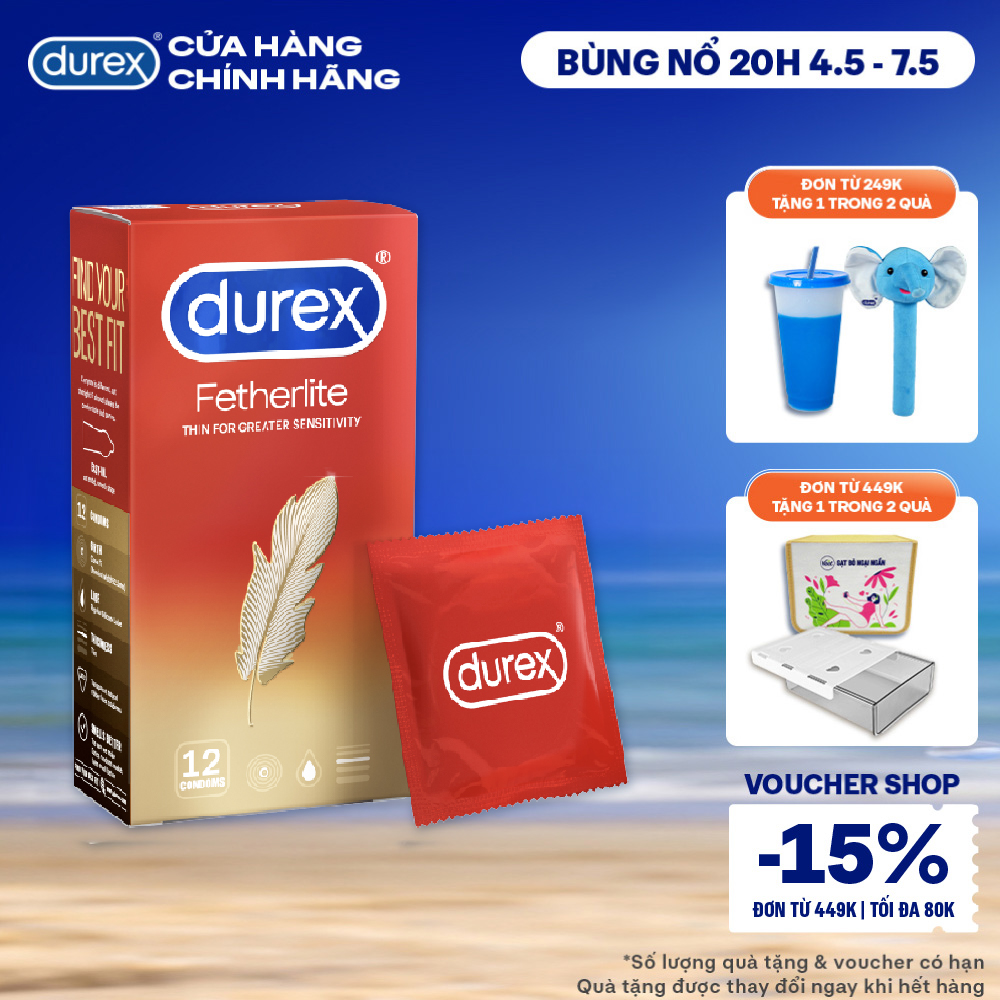 Bao cao su Durex Fetherlite siêu mỏng, size 52.5mm, 12 bao/hộp