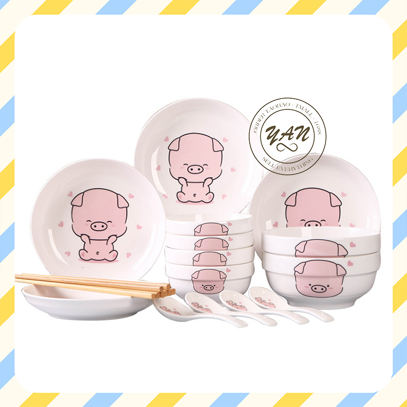 Bộ bát đĩa YANDY HOME chén dĩa tô bằng sứ họa tiết heo con - bộ bát đĩa decor 14 món bằng sứ men đẹp BB11
