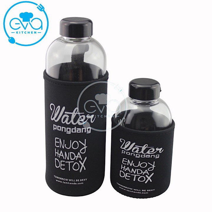 Combo 2 bình đựng nước thuỷ tinh detox 1000 ml và 600 ml kèm vỏ bọc vải neoprene