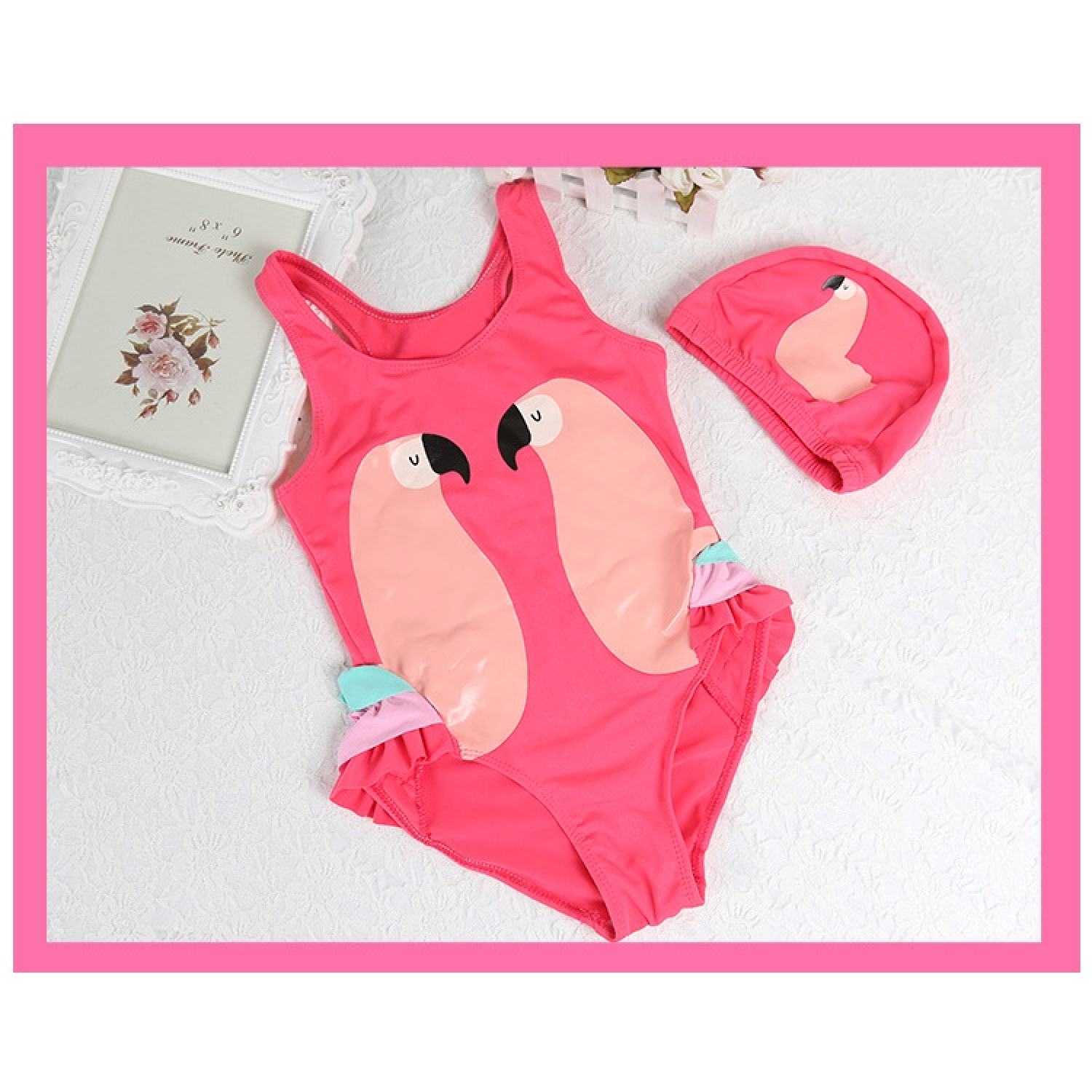 Đồ bơi bikini hồng hạc kèm nón cho bé- đồ bơi bé gái mh: b0303