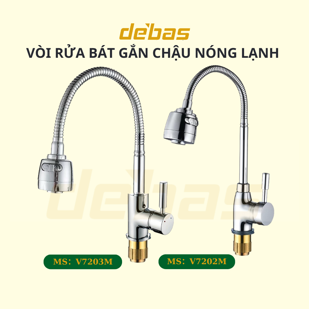 Vòi rửa bát đồng mạ crom lò xo bẻ xoay 360 độ nóng lạnh gắn chậu cần mềm to Debas V7202 V7203M