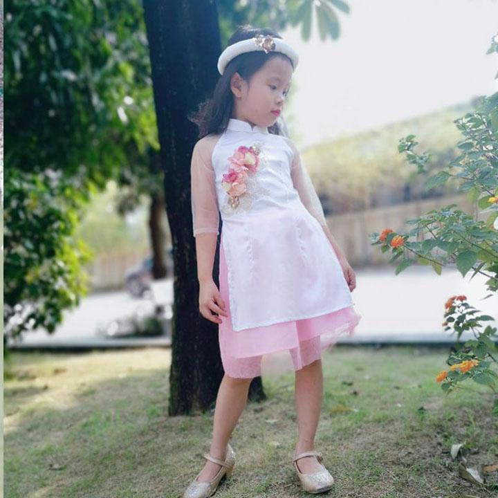 Áo dài cách tân cho bé gái (kèm mấn) Hàng thiết kế chất liệu lụa cao cấp mềm mịn, hoa hết tay tỉ mỉ - áo dài cho bé, áo dài tết bé gái, áo dài trẻ em, áo dài tết, váy tết, bộ quần áo Tết