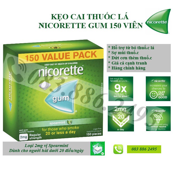 Kẹo cai thuố.c lá 2mg vị spearmint 75-150-210 viên