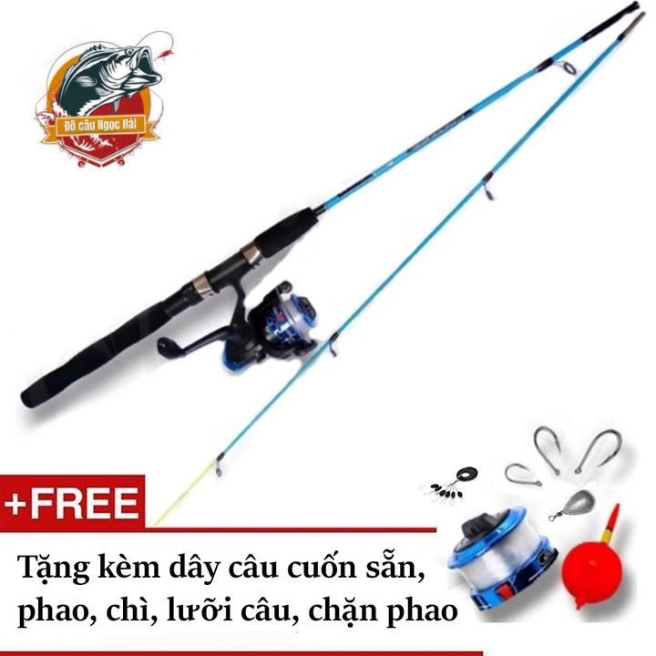 Bộ Cần câu máy 2 khúc Đặc ruột 1m5 KT A1 Blue (Đồ câu Ngọc Hải) + Kèm Máy câu + Mồi câu + Dây câu, Phao câu, Chì câu, Lưỡi câu