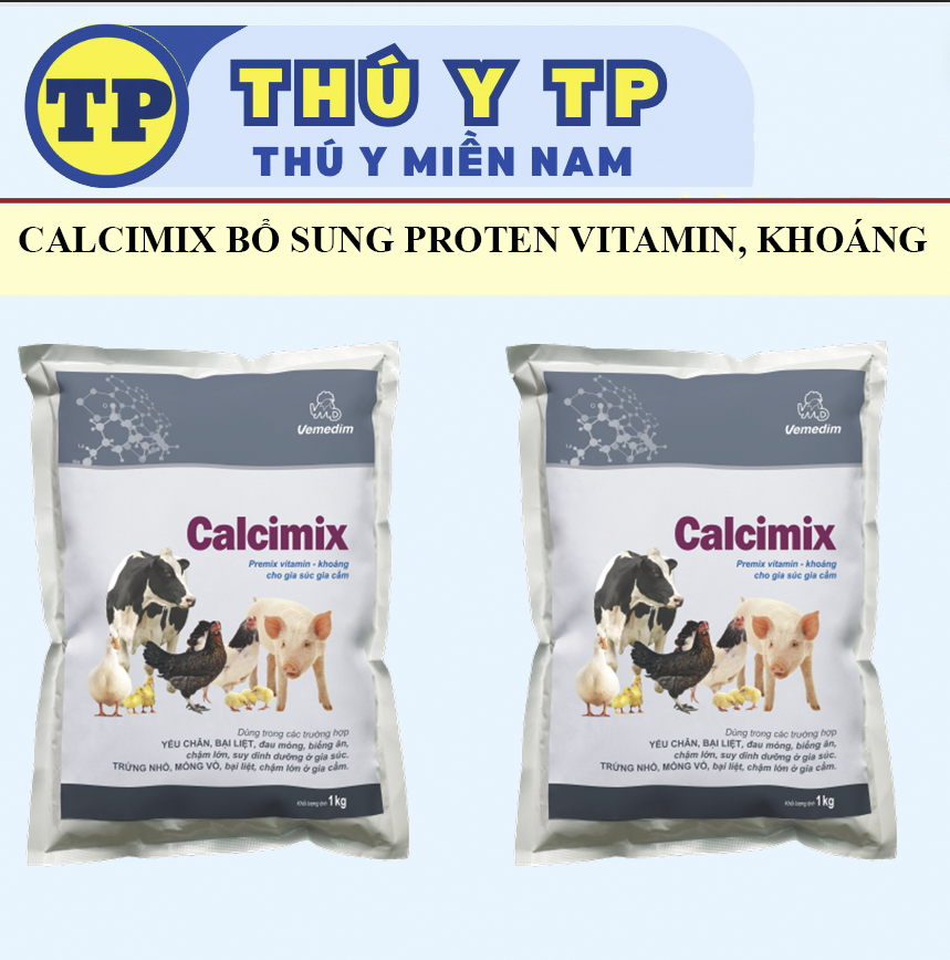Vemedim Calcimix 1kg trị yếu chân, bại liệt, đau móng, suy dinh dưỡng, trứng nhỏ, mỏng vỏ cho gia súc, gia cầm