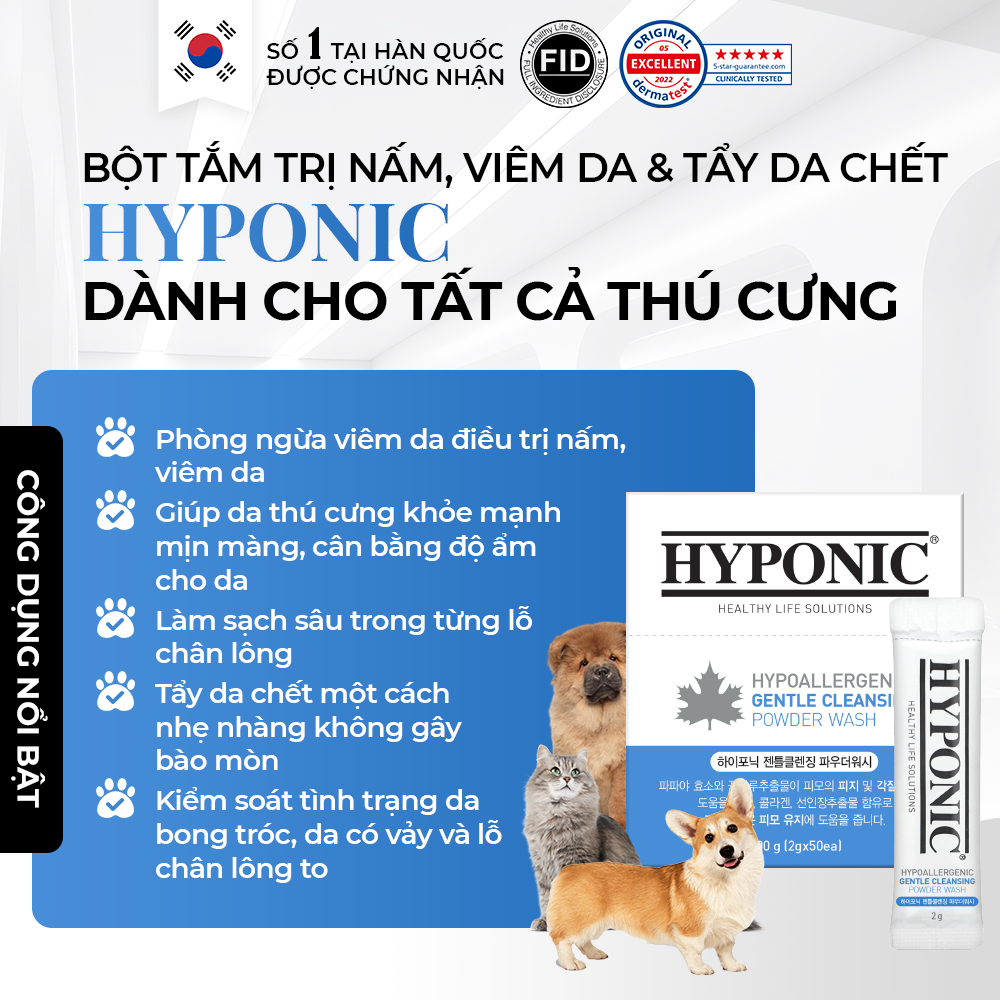 Bột tắm trị nấm, viêm da và tẩy da chết HYPONIC dành cho thú cưng