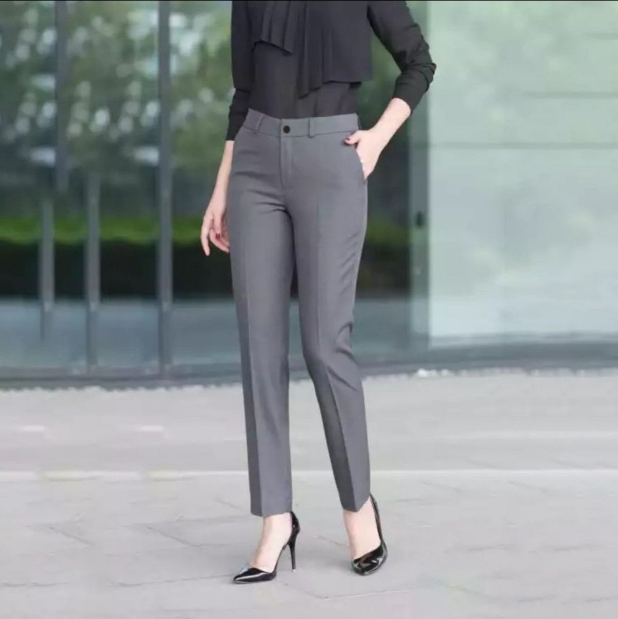 Quần tây nữ, quần tây vải tuyết mưa ống đứng khóa kéo trước
