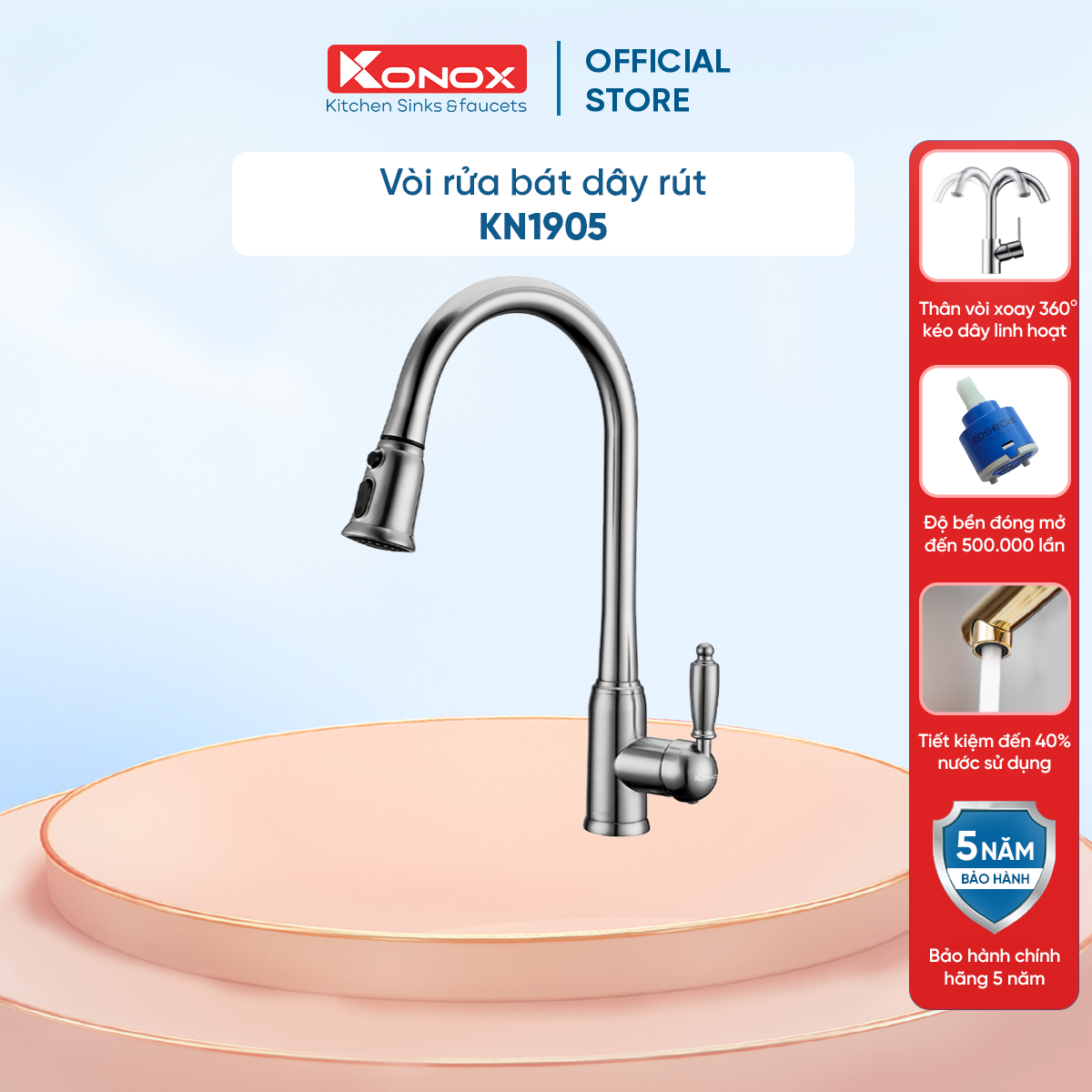 Vòi rửa bát rút dây Konox Model KN1905 - Bề mặt mạ PVD Nickel 5 lớp - Lõi đồng tiêu chuẩn CW617N - Linh kiện phụ trợ dòng chảy nhập khẩu châu Âu - Bảo hành chính hãng 5 năm - Hàng chính hãng
