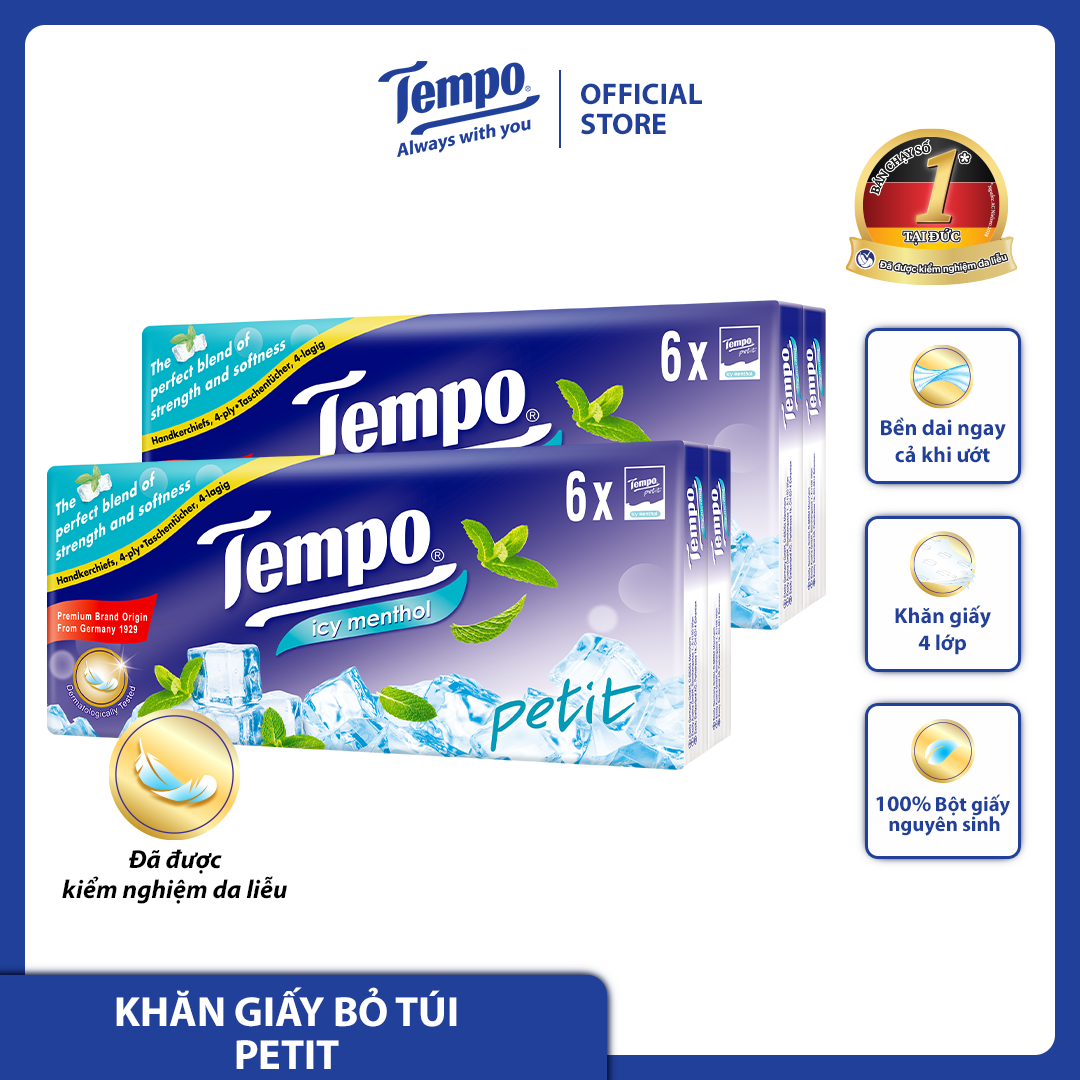Khăn giấy bỏ túi cao cấp Tempo Petit 6 gói - 4 lớp bền dai, an toàn cho da - Thương hiệu Đức
