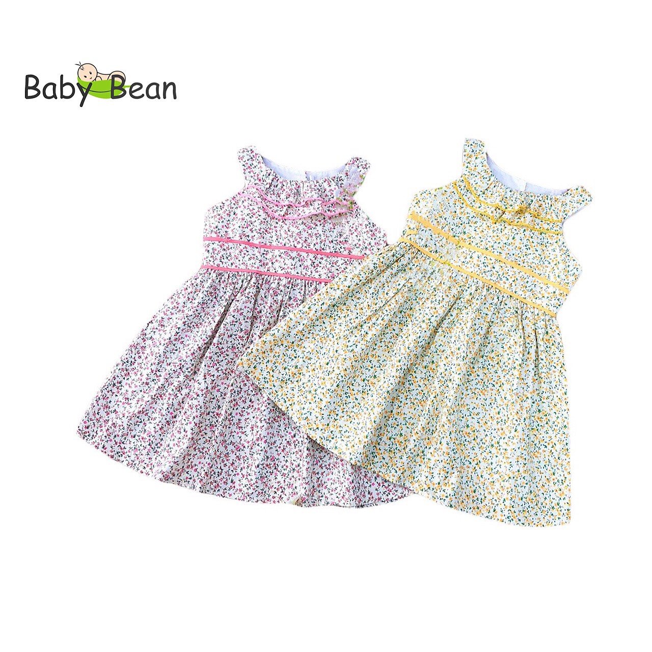 Váy Đầm Cotton Cổ Yếm Bèo Nơ Bé Gái BabyBean