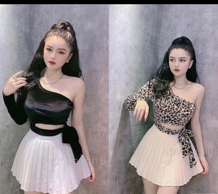 Áo croptop tay dài phối da beo có ảnh thật