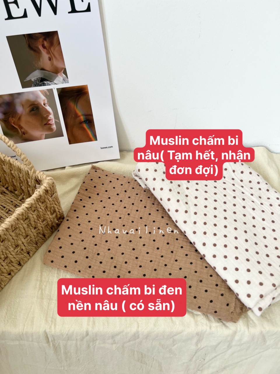 Vải họa tiết muslin chấm bi đen nền nâu - Muslin chấm bi nâu Nhà Vải Linen