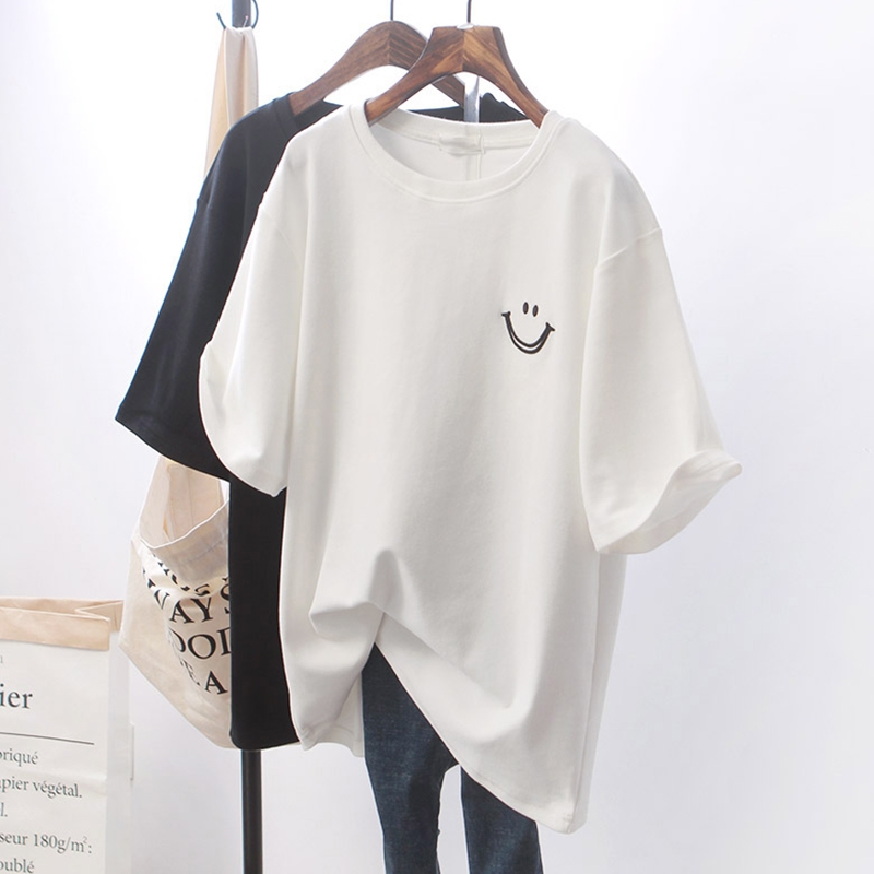 Áo thun nữ tay lỡ form rộng mặt cười, chất cotton su mềm mịn