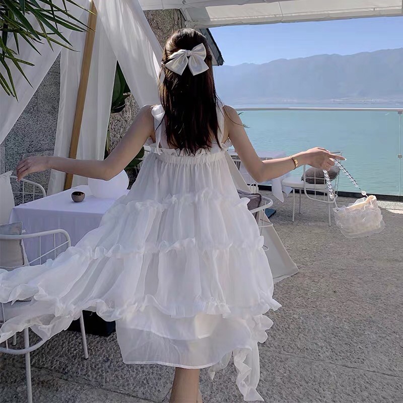 Váy đầm maxi trắng 2 dây xoè tầng bèo tiểu thư