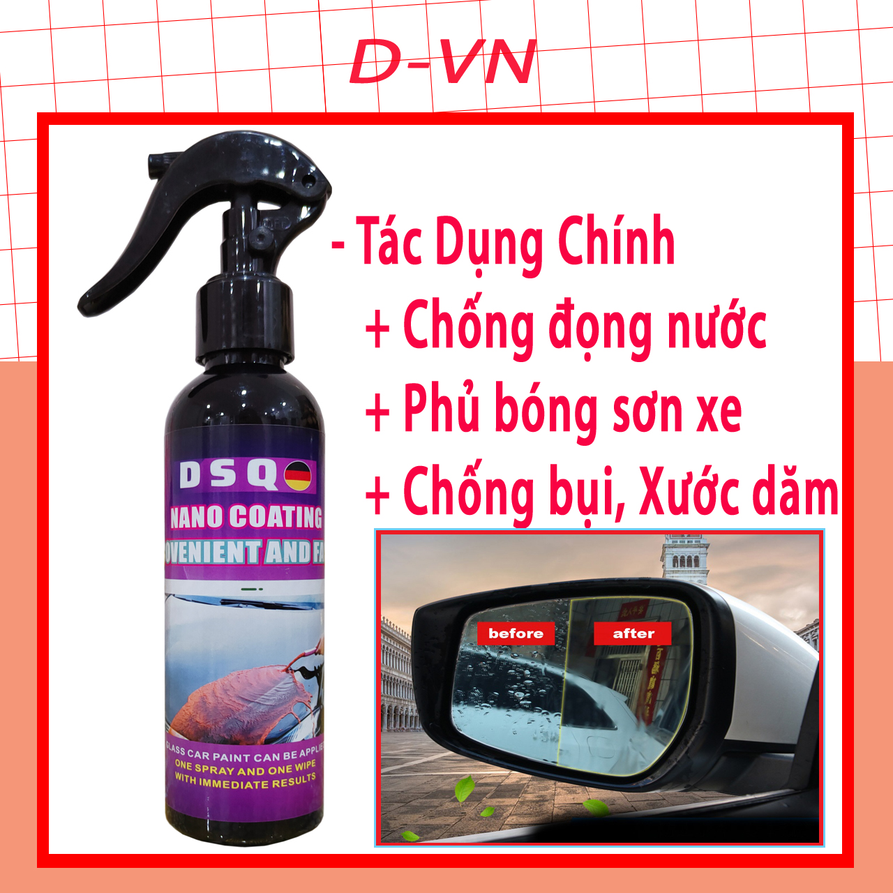Chai xịt phủ nano chống nước kính, phủ bóng sơn xe ô tô - Chống nước bề mặt kính cận, kính mũ - DIY Nano Coat D_VN