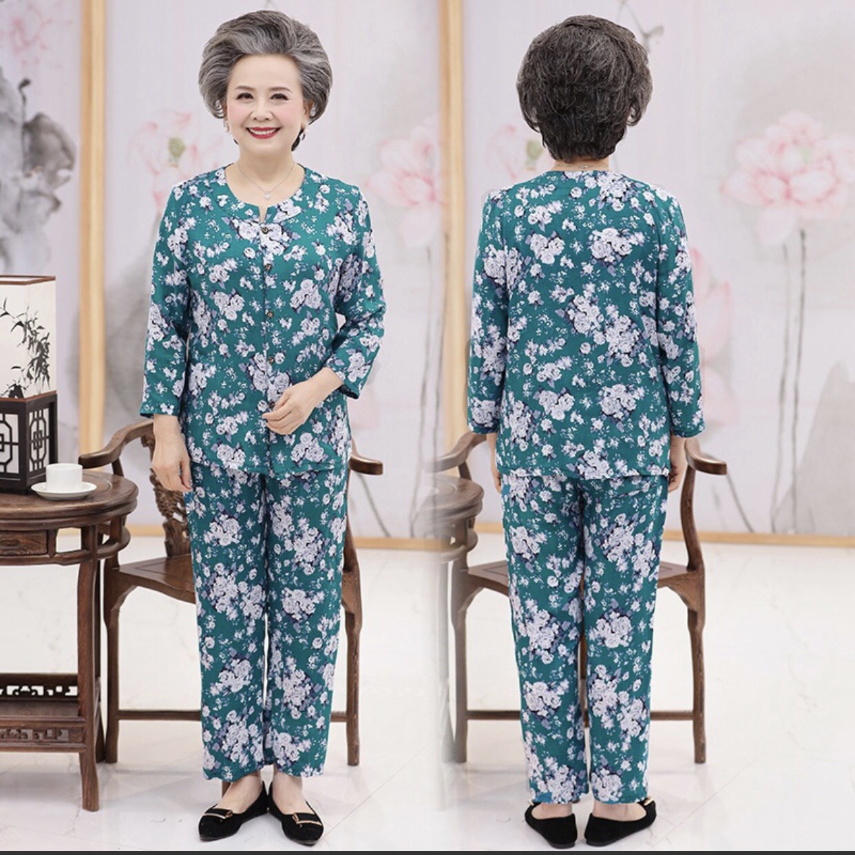 Đồ bộ trung niên chất vải lanh tay dài quần dài, bộ mặc nhà trung niên tay dài, bộ nữ trung niên vải lanh mát mẻ